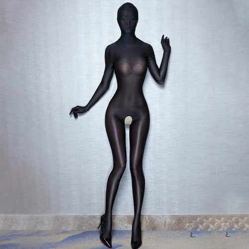 S-XL Sheer Satin Shiny Full Bodystocking Back Zipper Hooded Jumpsuit With Gloves