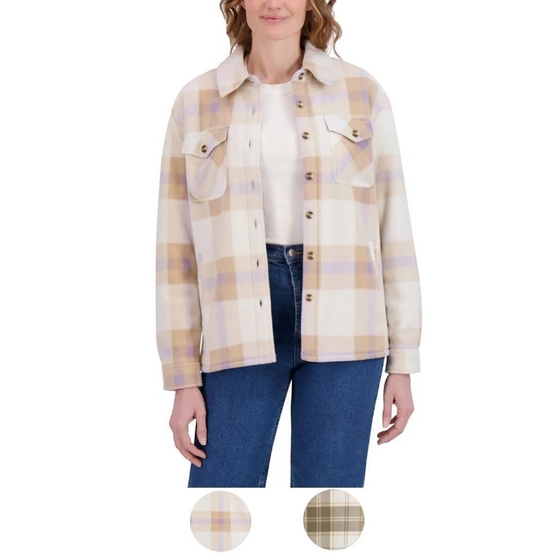 SAGE Women's Front Button Closure Plaid Plush Shirt Jacket L XL