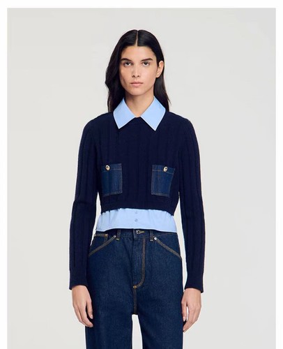 Sandro Women Color Contrast Lapel Symmetrical Pocket Fake Two Sweater Tops 2025