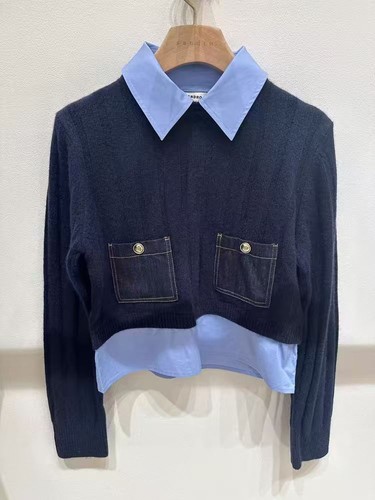 Sandro Women Color Contrast Lapel Symmetrical Pocket Fake Two Sweater Tops 2025