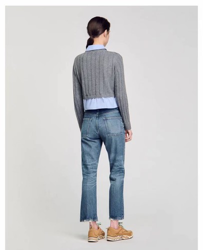 Sandro Women Color Contrast Lapel Symmetrical Pocket Fake Two Sweater Tops 2025