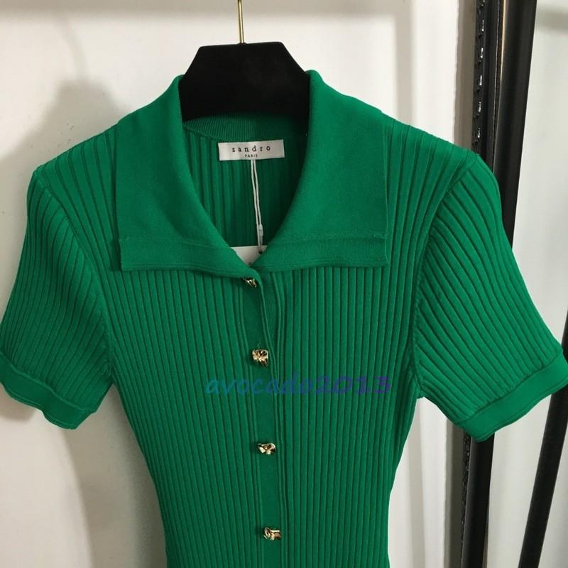 Sandro Women Summer Short Sleeve Elegant Green Lapel Knitted Long Dress