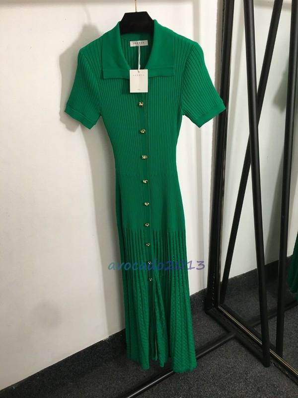 Sandro Women Summer Short Sleeve Elegant Green Lapel Knitted Long Dress
