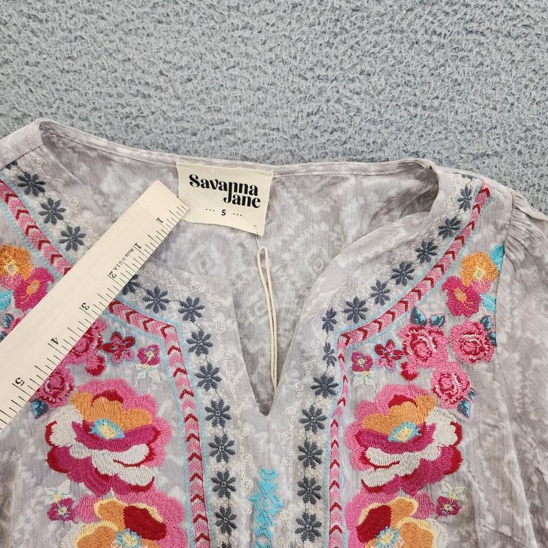 Savanna Jane Blouse Womens Small Gray Embroidered Boho Tunic Peasant Floral Top