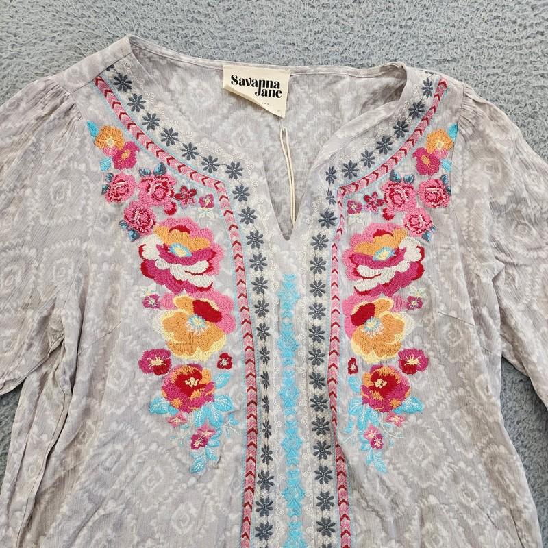 Savanna Jane Blouse Womens Small Gray Embroidered Boho Tunic Peasant Floral Top