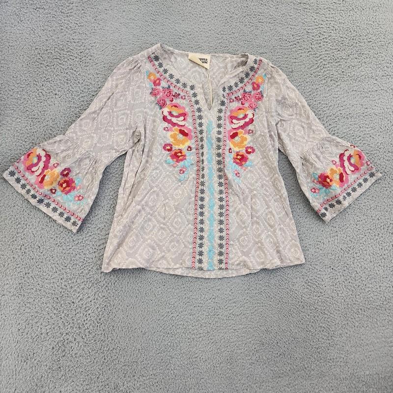 Savanna Jane Blouse Womens Small Gray Embroidered Boho Tunic Peasant Floral Top