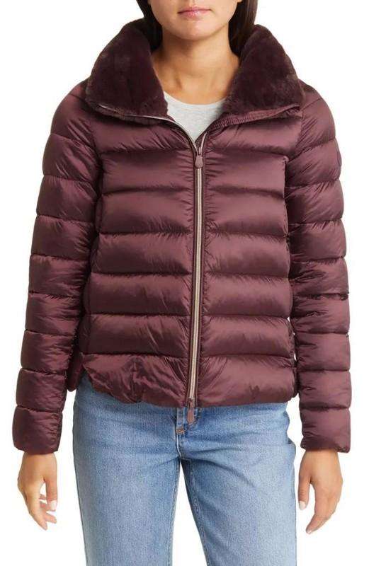 SAVE THE DUCK Mei Faux Fur Collar Puffer Jacket Burgundy Black M (2)
