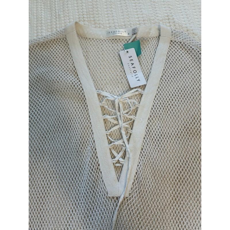 SeaFolly Coverup S Crochet Mesh Swim Ivory Lace Up 100% Cotton Mesh Boho Resort