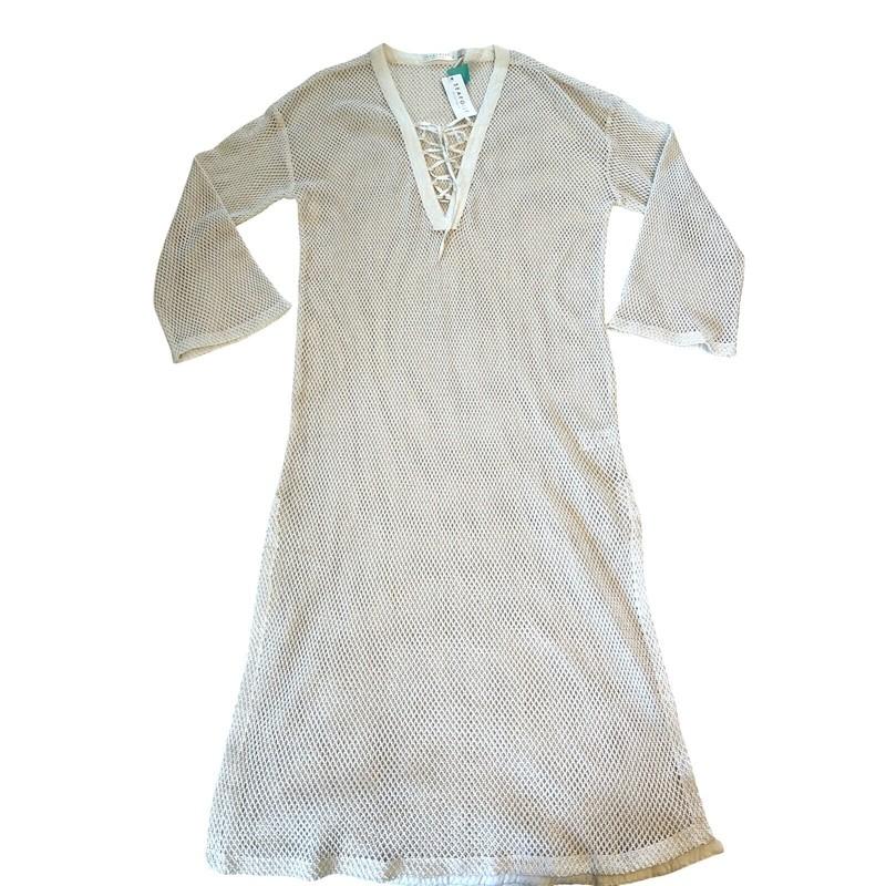 SeaFolly Coverup S Crochet Mesh Swim Ivory Lace Up 100% Cotton Mesh Boho Resort
