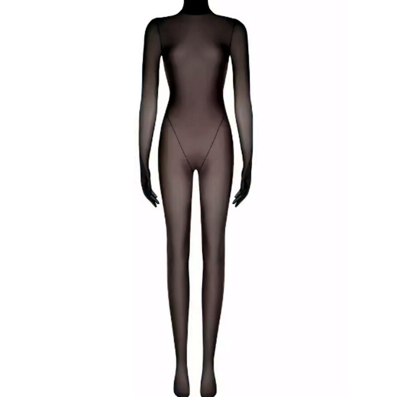 Seamless Sheer Oily Shiny Bodystocking Back Zipper Bodysuit Jumpsuit With Gloves