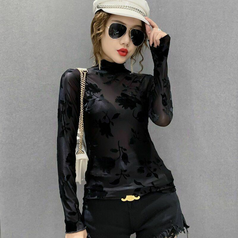 See Through T Shirt Floral Sexy Mesh T-shirt Turtleneck Casual Tee Shirt Fashion