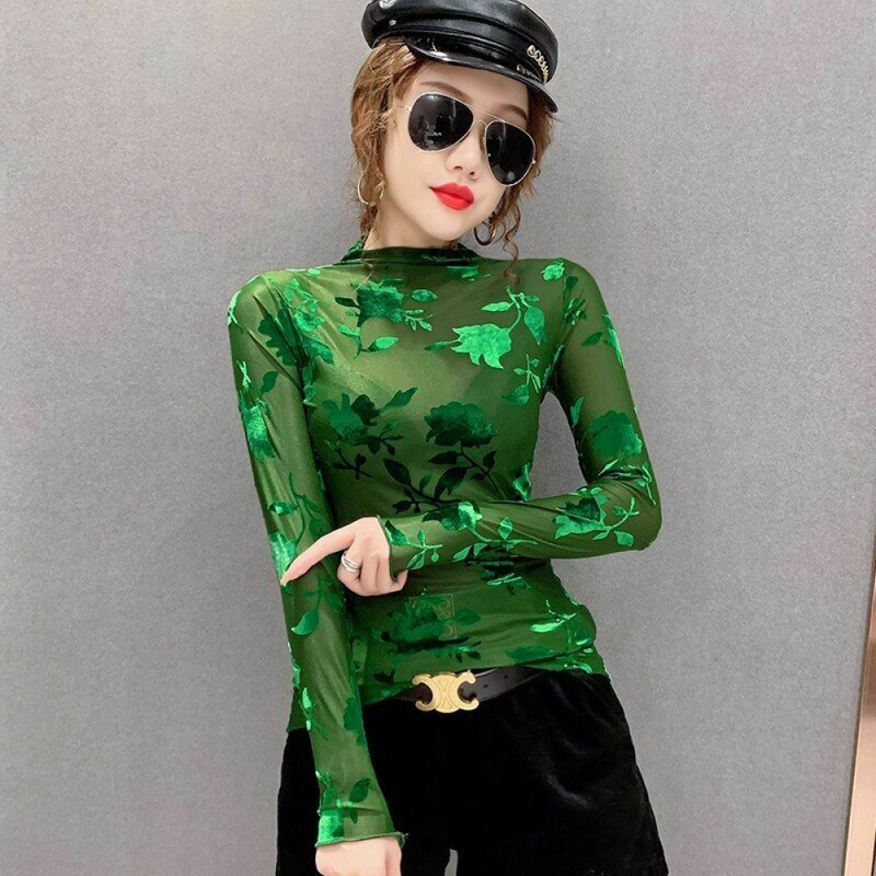 See Through T Shirt Floral Sexy Mesh T-shirt Turtleneck Casual Tee Shirt Fashion