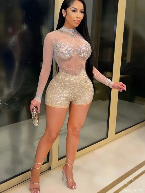 SeeThrough Crystal Romper Sheer Mesh Patchwork RhinestoneDetails ShortJumpsuits
