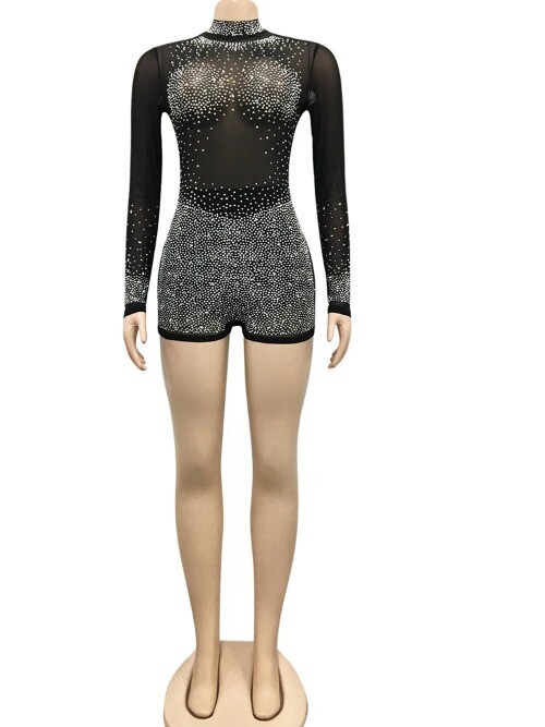 SeeThrough Crystal Romper Sheer Mesh Patchwork RhinestoneDetails ShortJumpsuits