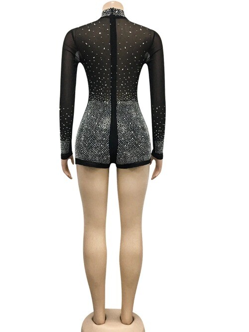SeeThrough Crystal Romper Sheer Mesh Patchwork RhinestoneDetails ShortJumpsuits