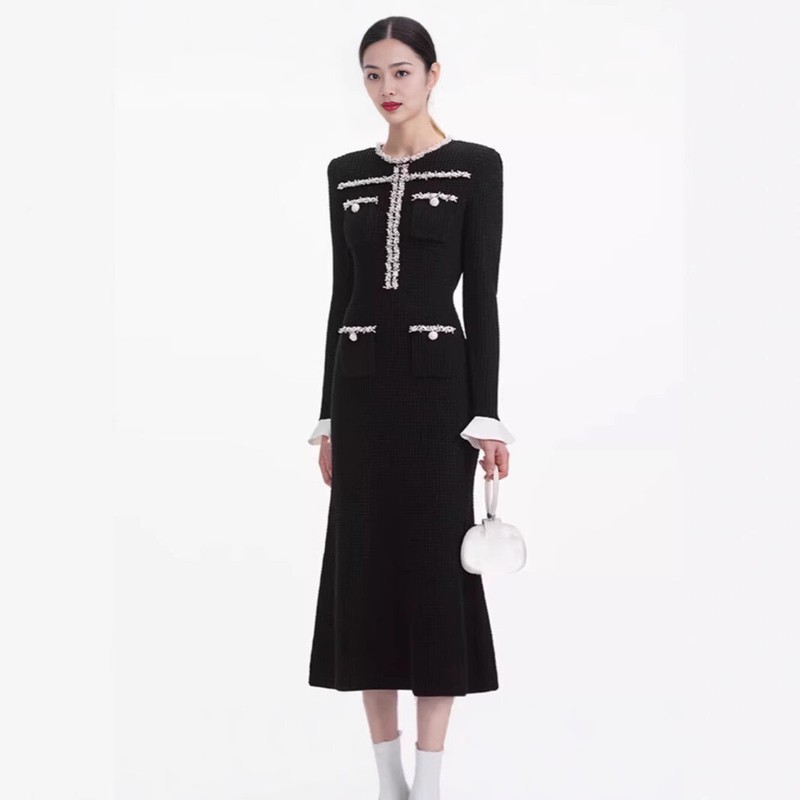 Self-Portrait Womens Spring Elegant Temperament Contrasting Color Knitted Dress