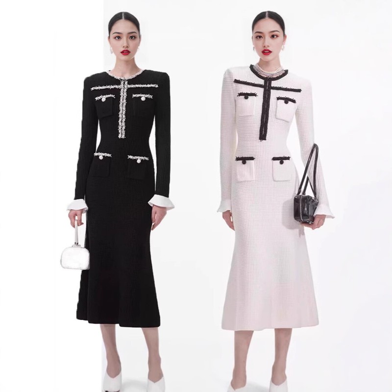 Self-Portrait Womens Spring Elegant Temperament Contrasting Color Knitted Dress