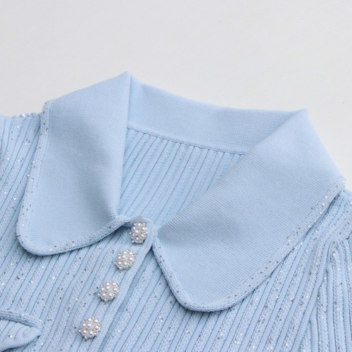 Self-Portrait Womens Summer Elegant Mist Blue Short Sleeve Knitted Dress