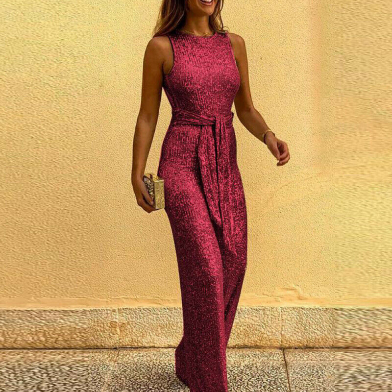 Sequins Sleeveless Wide Leg Jumpsuit Evening Party Overalls Long Playsuit Romper