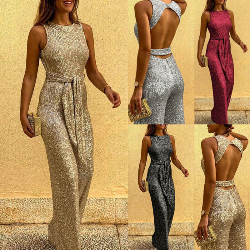 Sequins Sleeveless Wide Leg Jumpsuit Evening Party Overalls Long Playsuit Romper