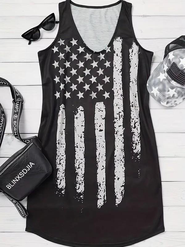 Sexy American Flag Print Casual Sleeveless V Neck Tank Dress Patriotic USA