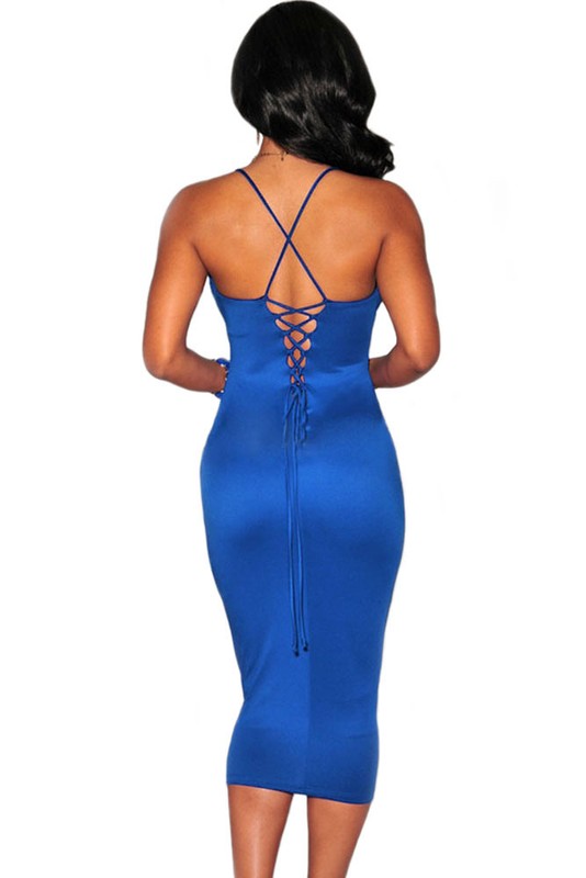 Sexy Blue Plunging V Neck Halter Lace-Up Midi Party Club Dress