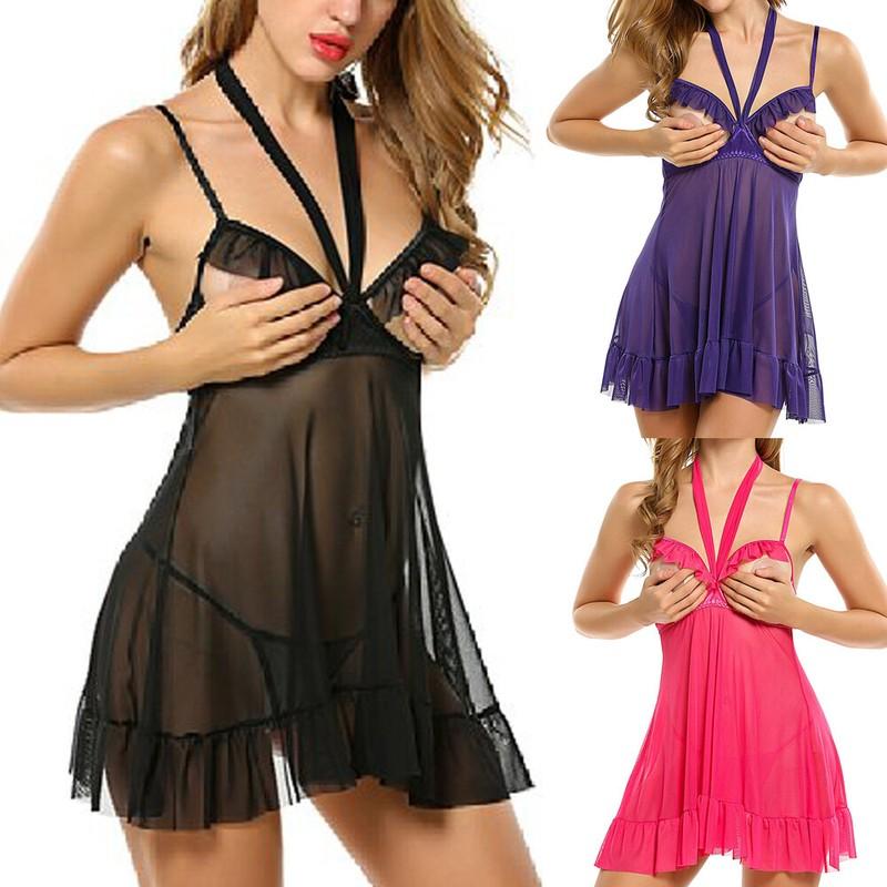 Sexy Cupless Lingerie Slutty Sleepwear Nightwear Babydoll Dress Thong For Women