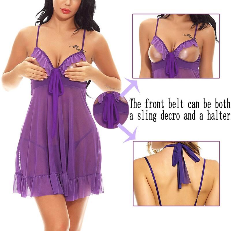 Sexy Cupless Lingerie Slutty Sleepwear Nightwear Babydoll Dress Thong For Women