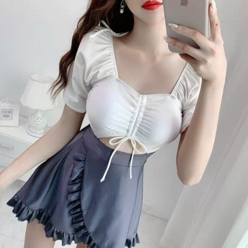 Sexy Drawstring High Waist Swimwear Women One Piece Patchwork Bathing Suit