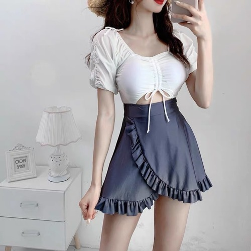 Sexy Drawstring High Waist Swimwear Women One Piece Patchwork Bathing Suit