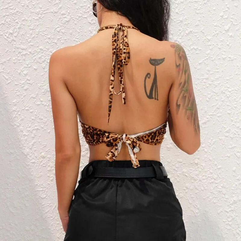 Sexy Leopard Print Ring Link Plunge Crop Halter Tank Top Casual V Neck Backless
