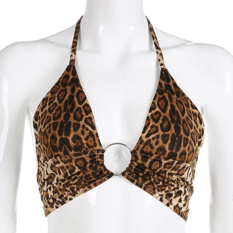 Sexy Leopard Print Ring Link Plunge Crop Halter Tank Top Casual V Neck Backless