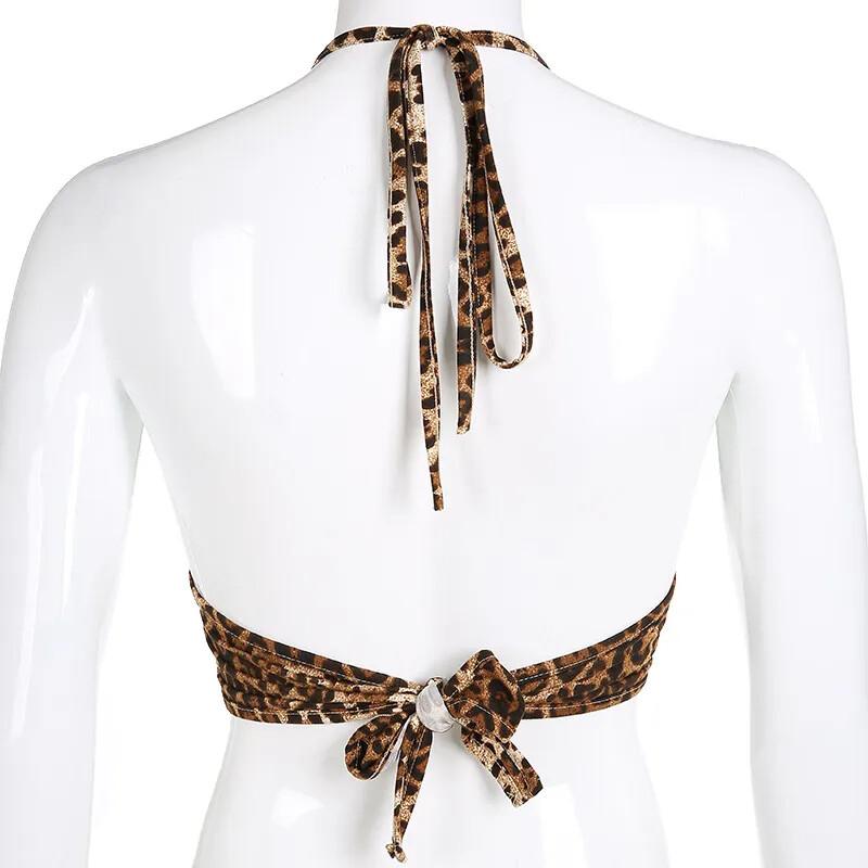 Sexy Leopard Print Ring Link Plunge Crop Halter Tank Top Casual V Neck Backless