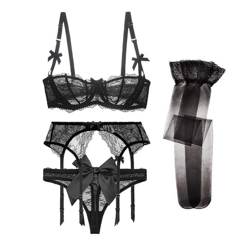 Sexy Lingerie 4PC Lace Half Cup Bra Thong with Garter Belt Stockings