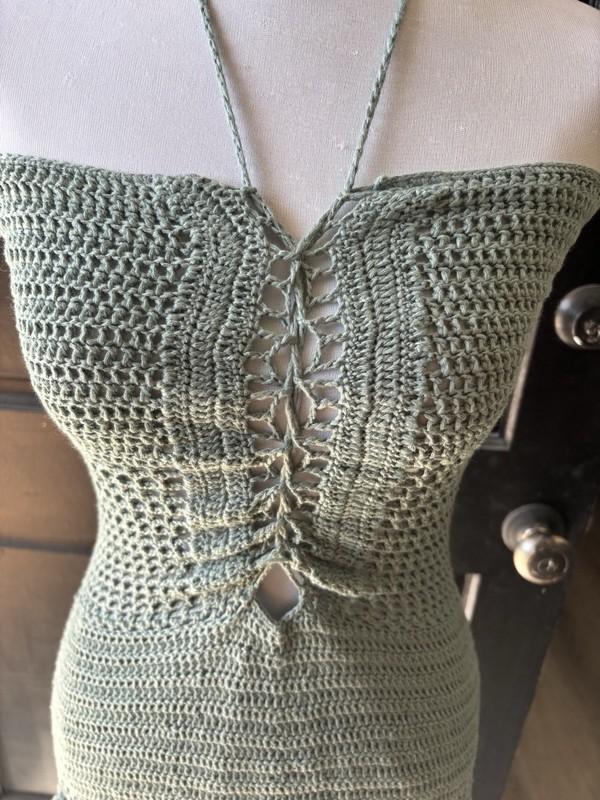Sexy Open Knit Crochet Festival Boho Swim Mini Halter Dress Coverup Teal Green
