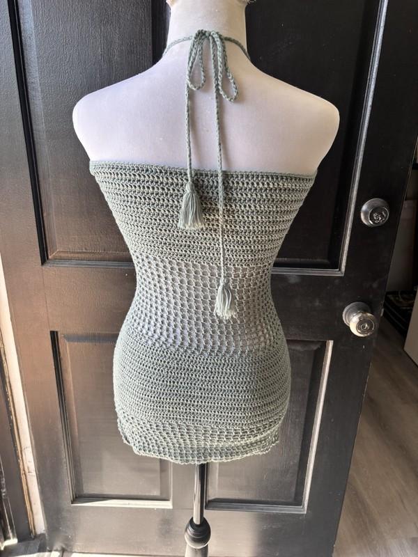 Sexy Open Knit Crochet Festival Boho Swim Mini Halter Dress Coverup Teal Green