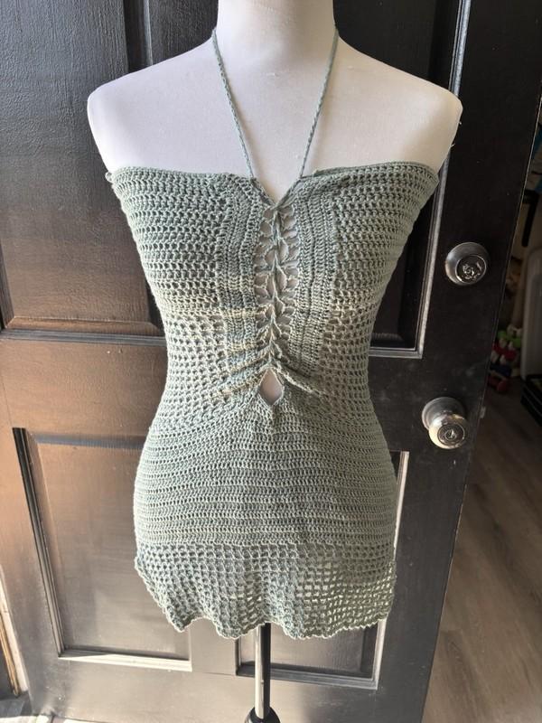 Sexy Open Knit Crochet Festival Boho Swim mini Halter Dress Coverup Teal Green