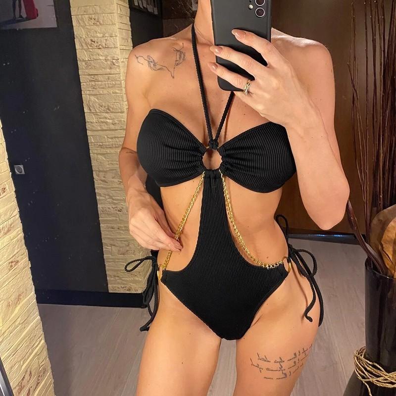 Sexy Ribbed Halter Metal Chains One Piece Swimsuit Women Swimwear Monokini