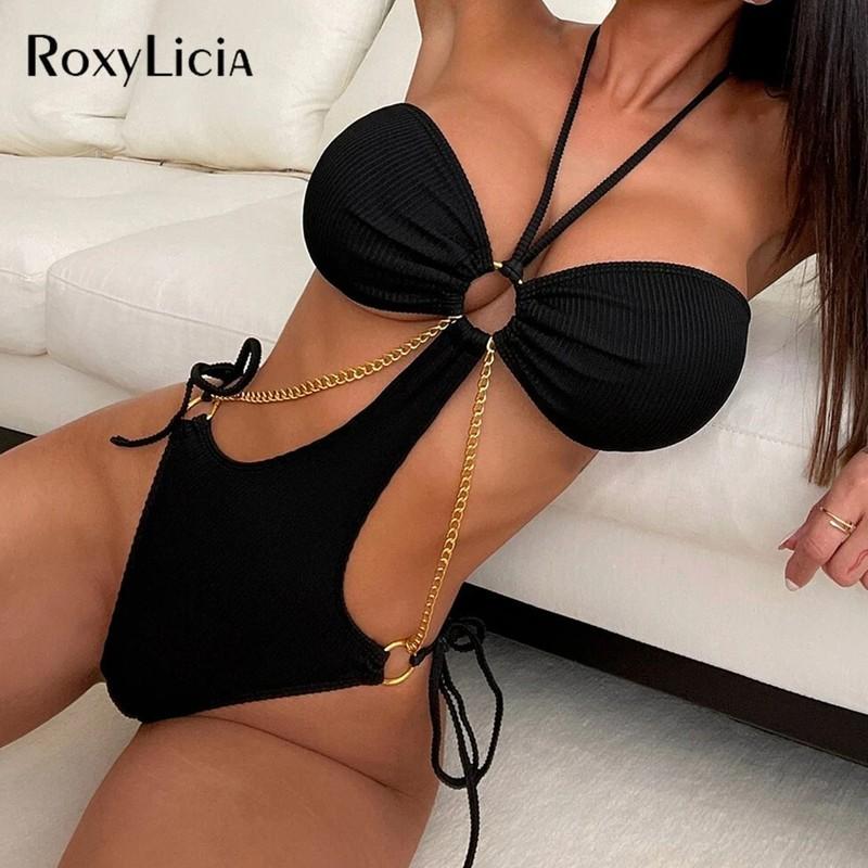 Sexy Ribbed Halter Metal Chains One Piece Swimsuit Women Swimwear Monokini