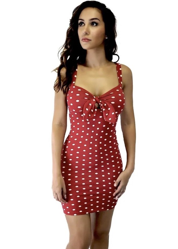 Sexy Rockabilly 50's Retro Pin Up Red Polka Dot Tie Bow Bust Mini Dress Y2K L