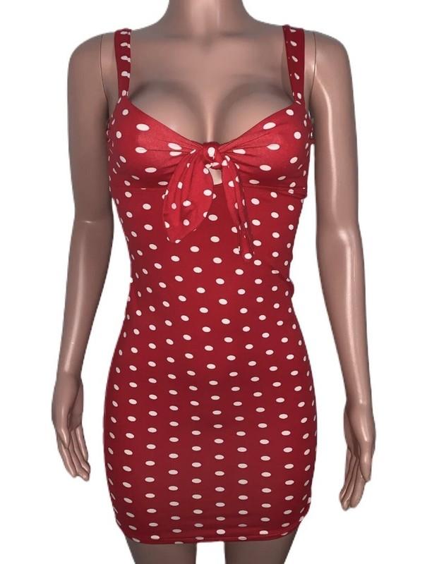 Sexy Rockabilly 50's Retro Pin Up Red Polka Dot Tie Bow Bust Mini Dress Y2K L