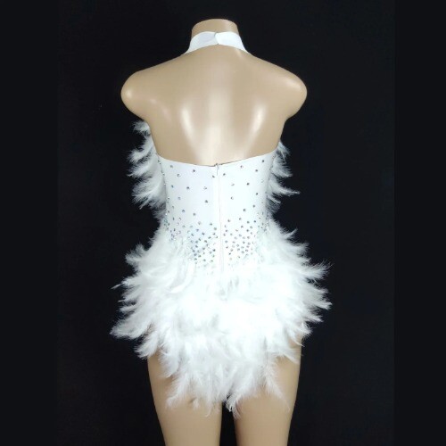 Sexy Suspenders Feather Dress Colorful Rhinestone Backless Jumpsuit Nightclub