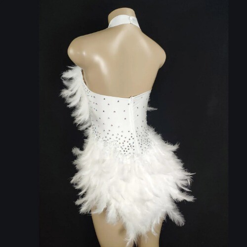 Sexy Suspenders Feather Dress Colorful Rhinestone Backless Jumpsuit Nightclub