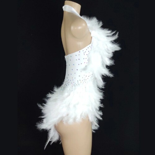 Sexy Suspenders Feather Dress Colorful Rhinestone Backless Jumpsuit Nightclub