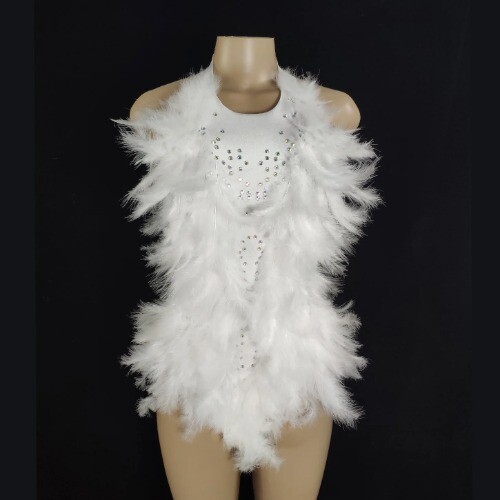 Sexy Suspenders Feather Dress Colorful Rhinestone Backless Jumpsuit Nightclub