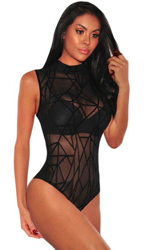 Sexy Women Black Sheer Mesh Jumpsuit Turtleneck Bodysuit Sleeveless