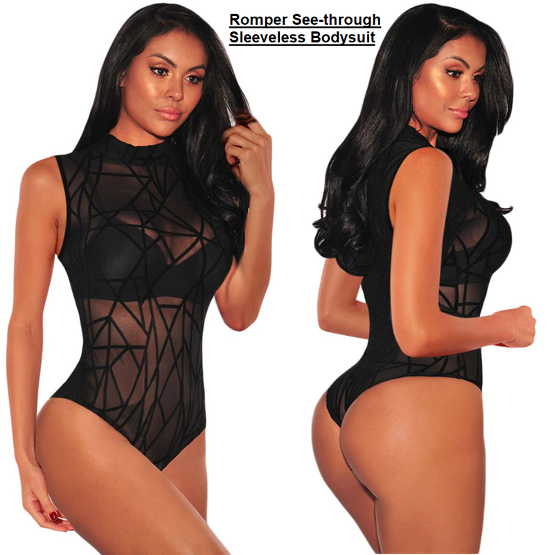 Sexy Women Black Sheer Mesh Jumpsuit Turtleneck Bodysuit Sleeveless