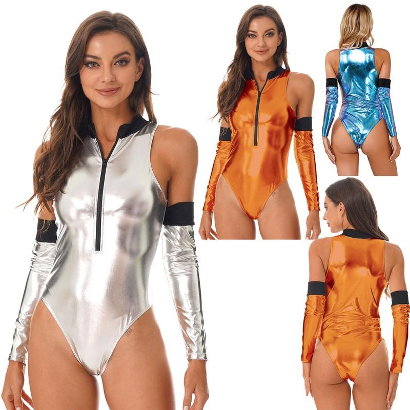 Sexy Women Role Play Costume Outfits Patent Leather Bodysuit With Oversleeves