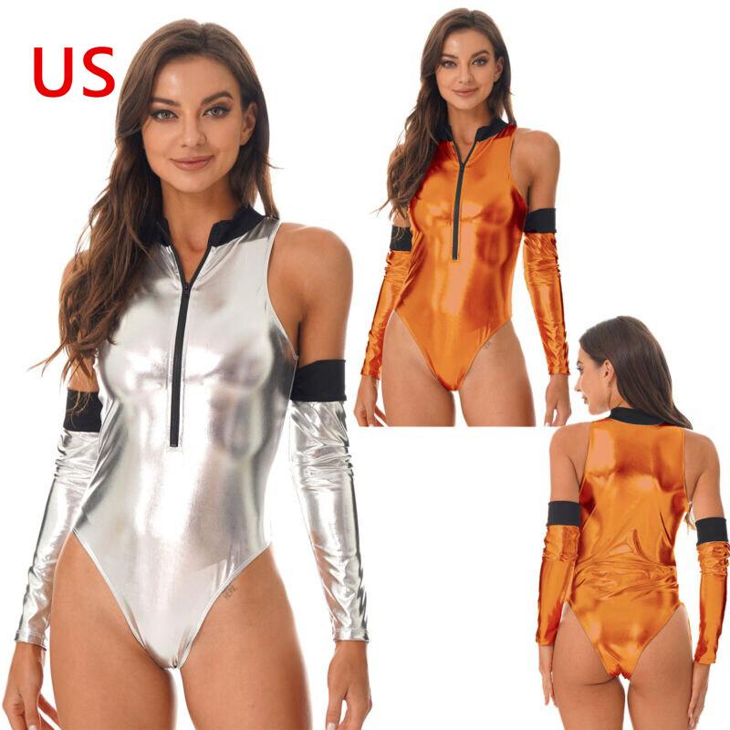 Sexy Women Role Play Costume Outfits Patent Leather Bodysuit with Oversleeves