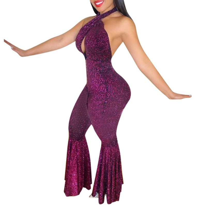 Sexy Women's Backless Lace-Up Halter Jumpsuit Sleeveless Fit & Flare Playsuit